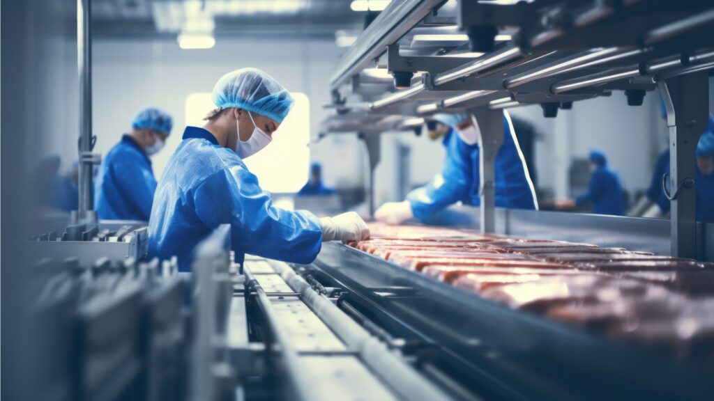 Line workers in a meat factory
